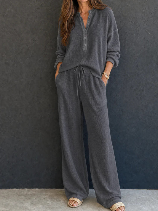 Women's Solid Color Knit Rib Top Straight Pants Set