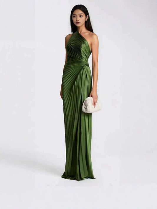 Women's Satin Halter Neck High-Waisted Pleated Long Dress