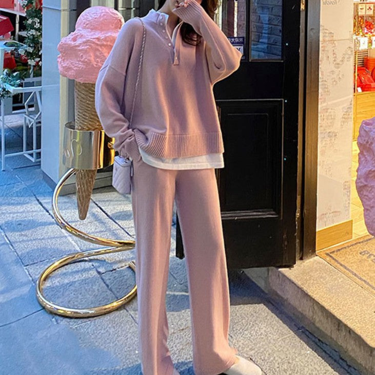 Long Sleeve Pullover Top and Wide-Leg Pants, Striped Casual Suit
