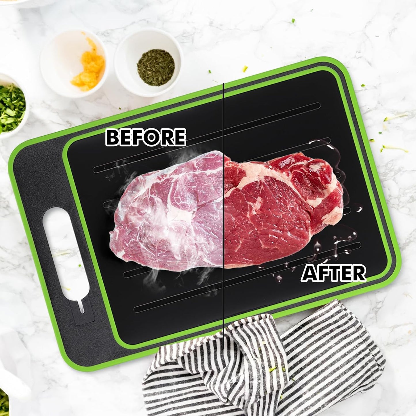 4 in 1 Miracle Melt Defrosting Board, Defrosting Tray Double Sided as Chopping Board with Grater, Sharpener, Fast Thawing of Frozen Food & Meat, 12.3X8.3 Inch