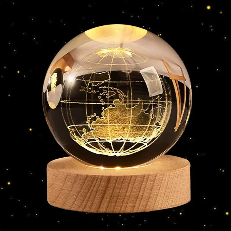 6Cm 3D Crystal Ball Glass Ball Planet Earth Wooden Base Solar System Galaxy Astronomy Birthday Gift Home Desktop Decoration
