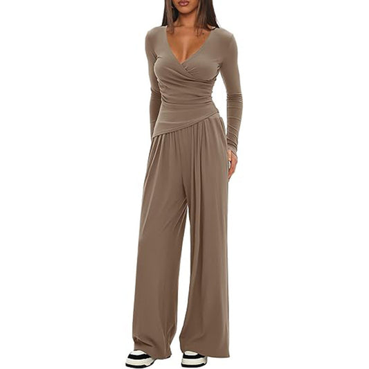 Women's Solid Color Knit V-Neck Long Sleeve Top and Wide Leg Pants Two-Piece Set