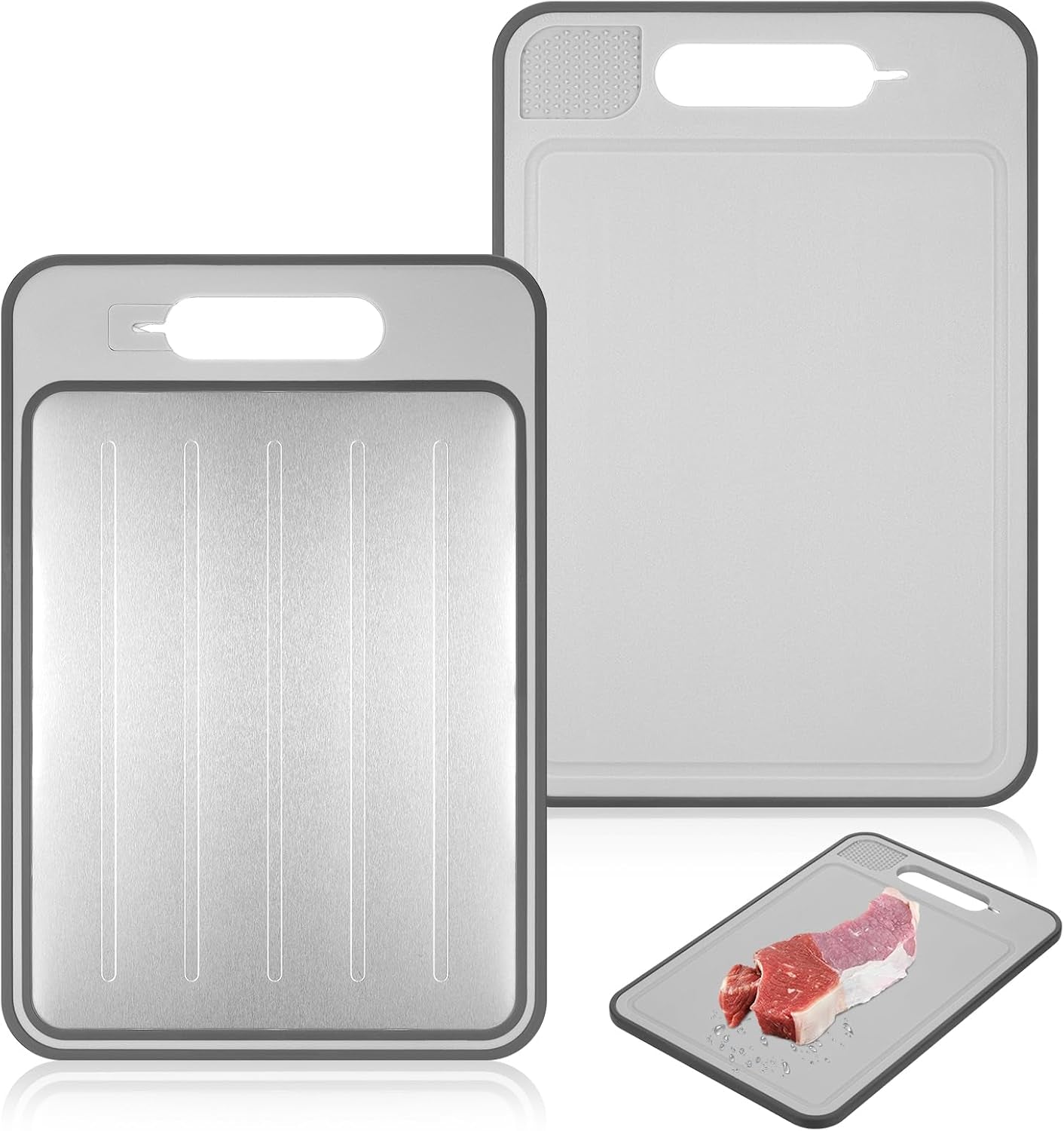 4 in 1 Miracle Melt Defrosting Board, Defrosting Tray Double Sided as Chopping Board with Grater, Sharpener, Fast Thawing of Frozen Food & Meat, 12.3X8.3 Inch