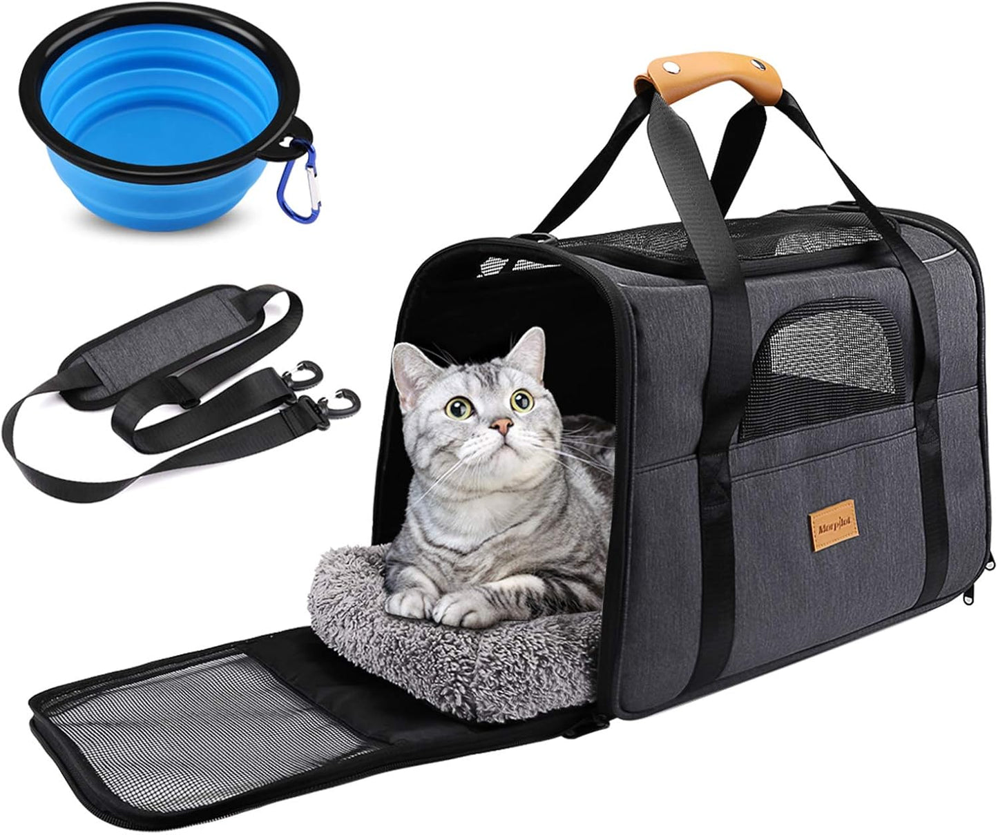 Cozy Pet Travel Tote for Cats & Small Dogs – Lightweight Foldable Pet Travel Crate with Comfortable Cushion, Carry Handle, Travel Dish & Flight-Ready Design