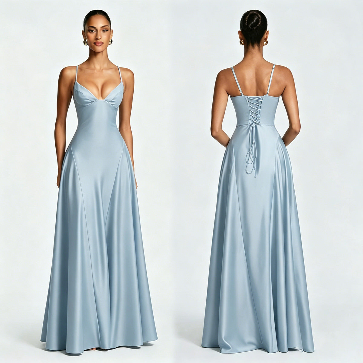 Women's Satin Strapless Deep V-Neck Evening Dress with Waist-Cinching Strap and Flare Skirt