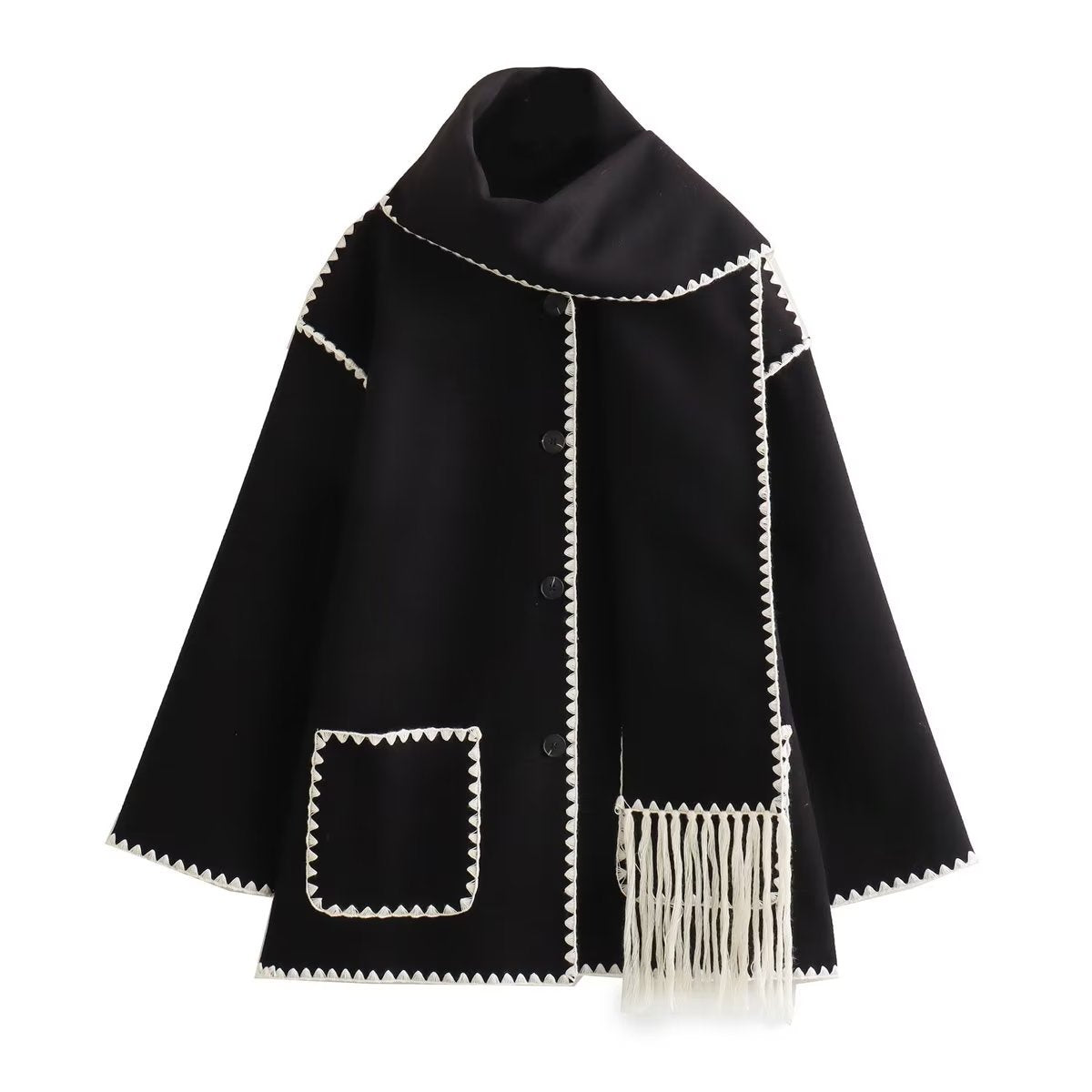 Women's Solid Color Scarf Collar Patchwork Loose Woolen Coat