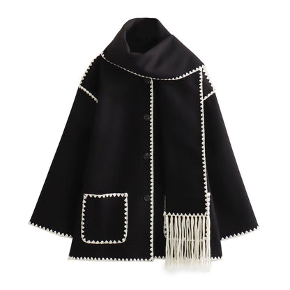 Women's Solid Color Scarf Collar Patchwork Loose Woolen Coat
