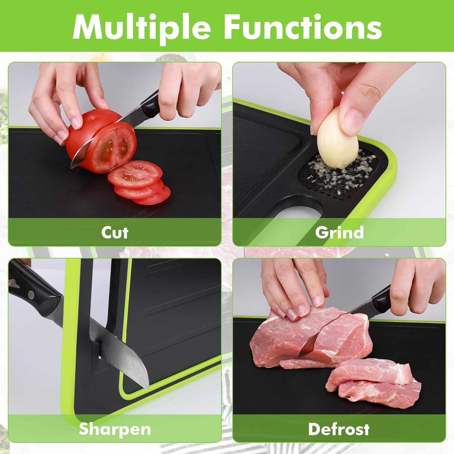 4 in 1 Miracle Melt Defrosting Board, Defrosting Tray Double Sided as Chopping Board with Grater, Sharpener, Fast Thawing of Frozen Food & Meat, 12.3X8.3 Inch
