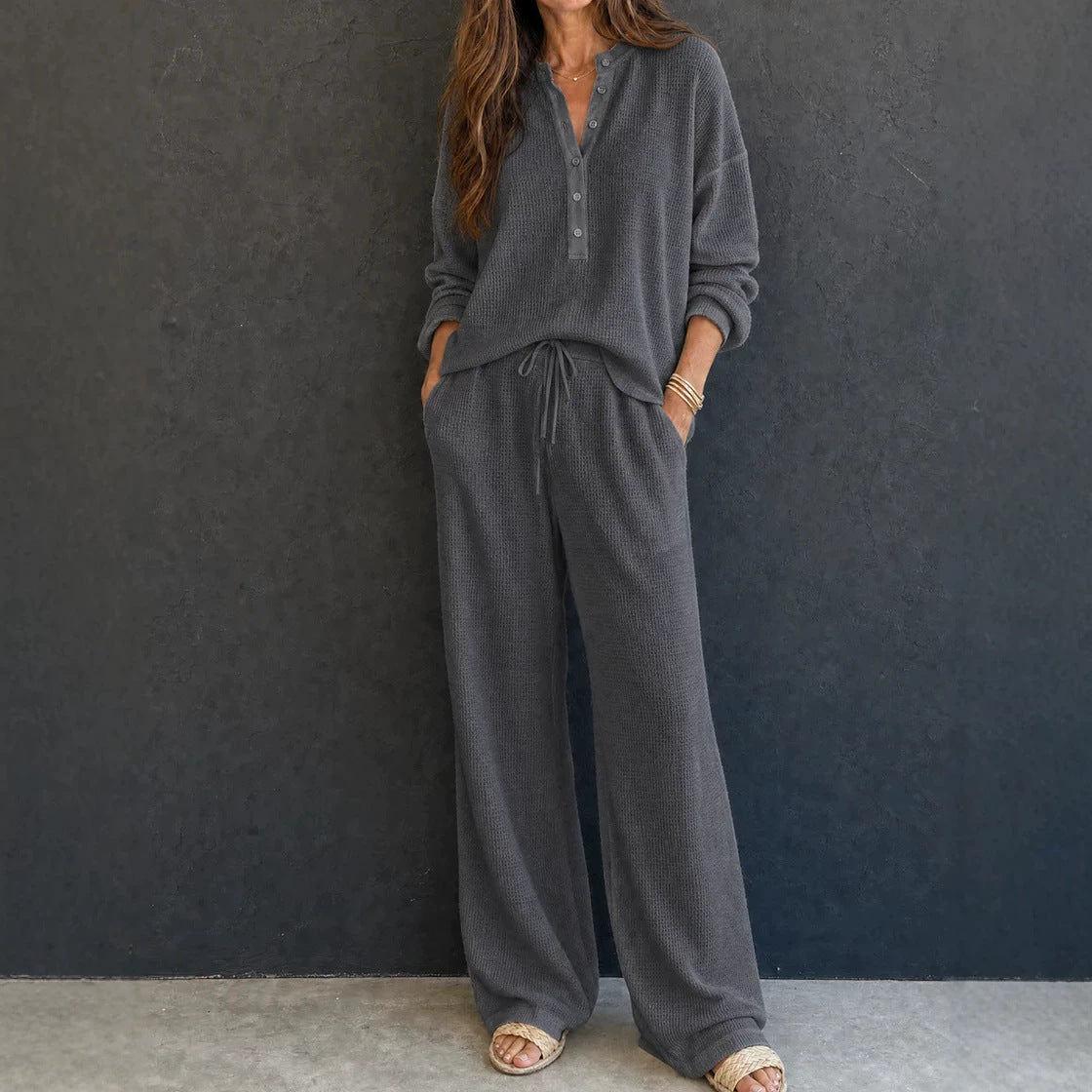 Women's Solid Color Knit Rib Top Straight Pants Set