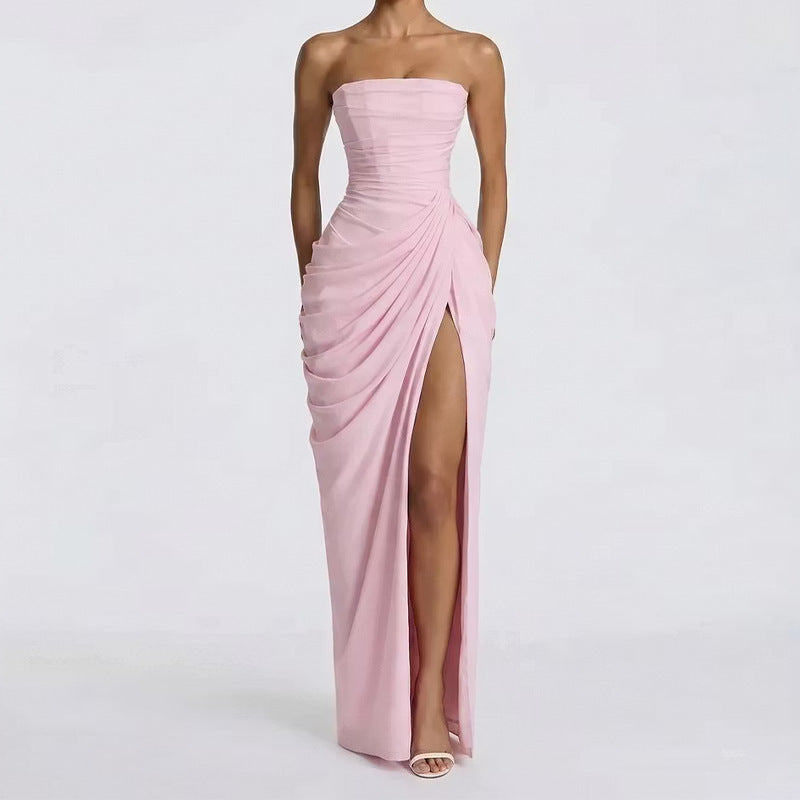 Women's Fashion Off-Shoulder Tube Top Solid Color Slit Fashionable Sexy Backless Evening Dress