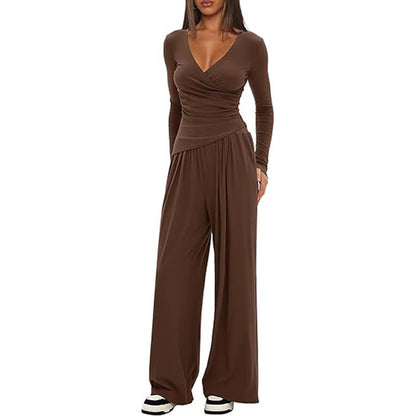 Women's Solid Color Knit V-Neck Long Sleeve Top and Wide Leg Pants Two-Piece Set