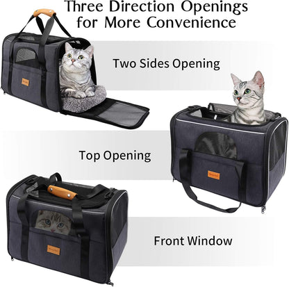 Cozy Pet Travel Tote for Cats & Small Dogs – Lightweight Foldable Pet Travel Crate with Comfortable Cushion, Carry Handle, Travel Dish & Flight-Ready Design