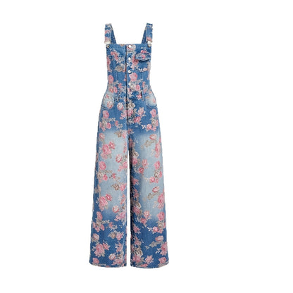 Retro floral print denim work pants