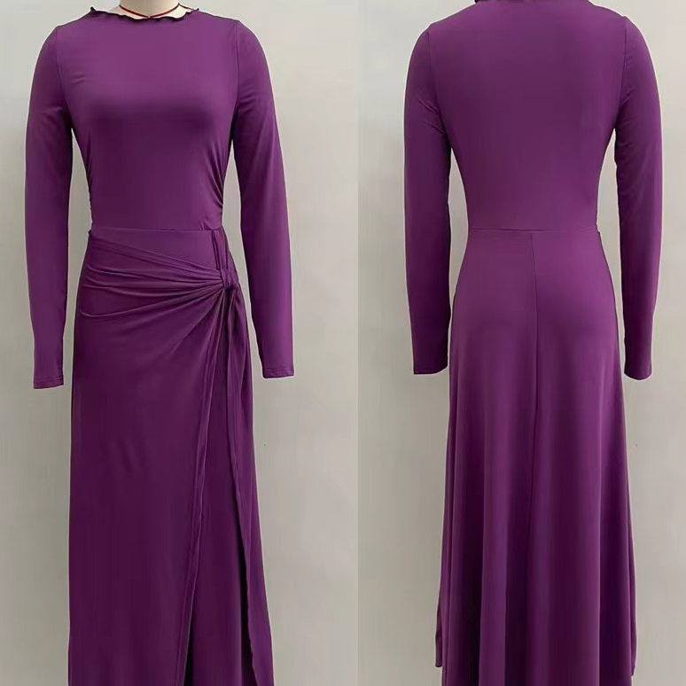 Women's Pure Color Knotted A-Line Long Sleeve Dress