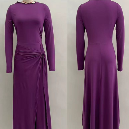 Women's Pure Color Knotted A-Line Long Sleeve Dress
