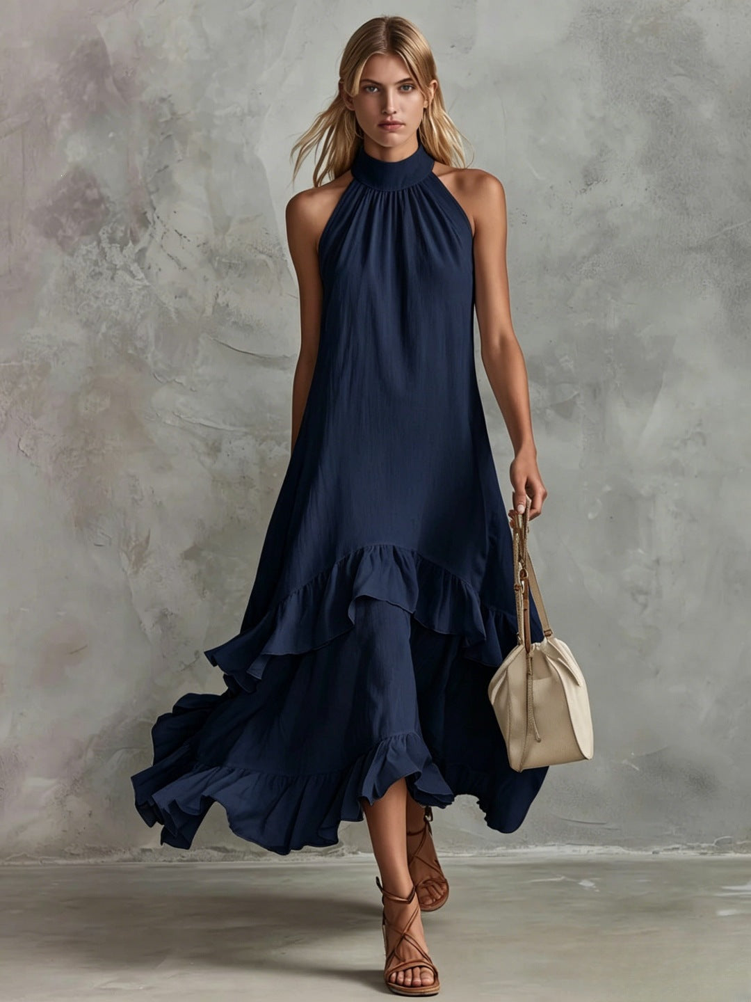 Women's Sleeveless Halter Ruffle Hem Mid-Length Summer Dress