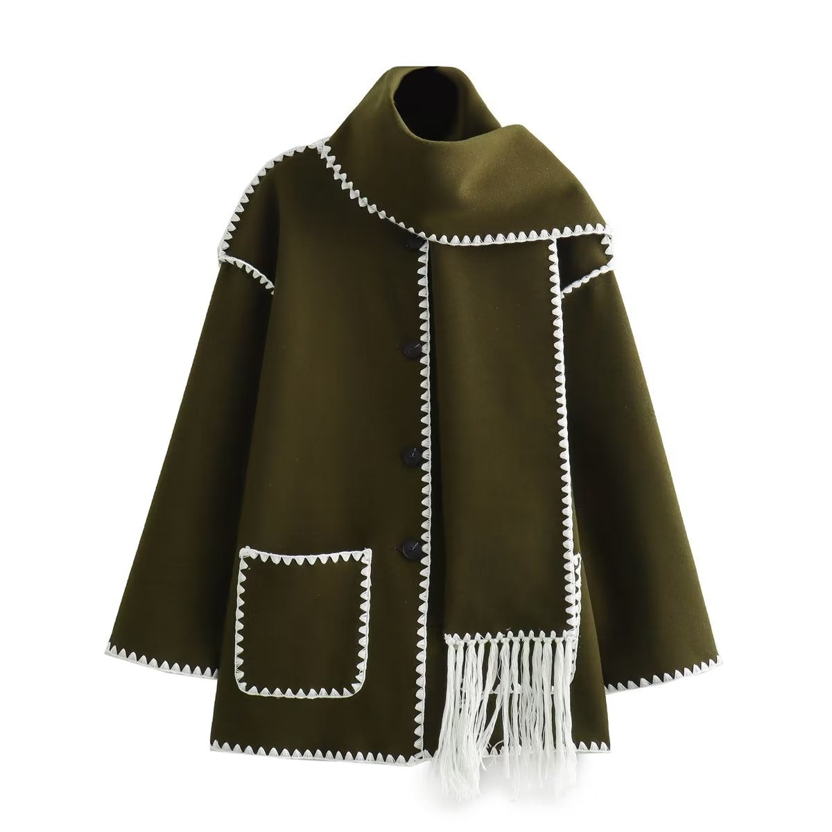 Women's Solid Color Scarf Collar Patchwork Loose Woolen Coat
