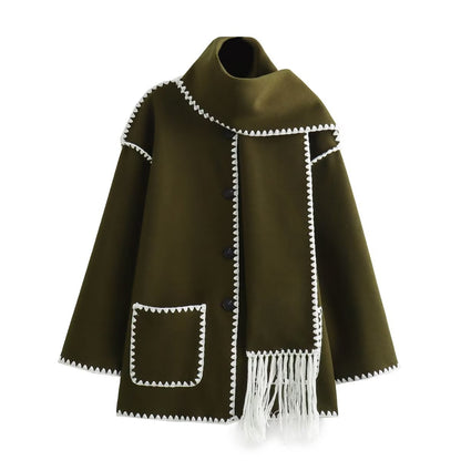 Women's Solid Color Scarf Collar Patchwork Loose Woolen Coat