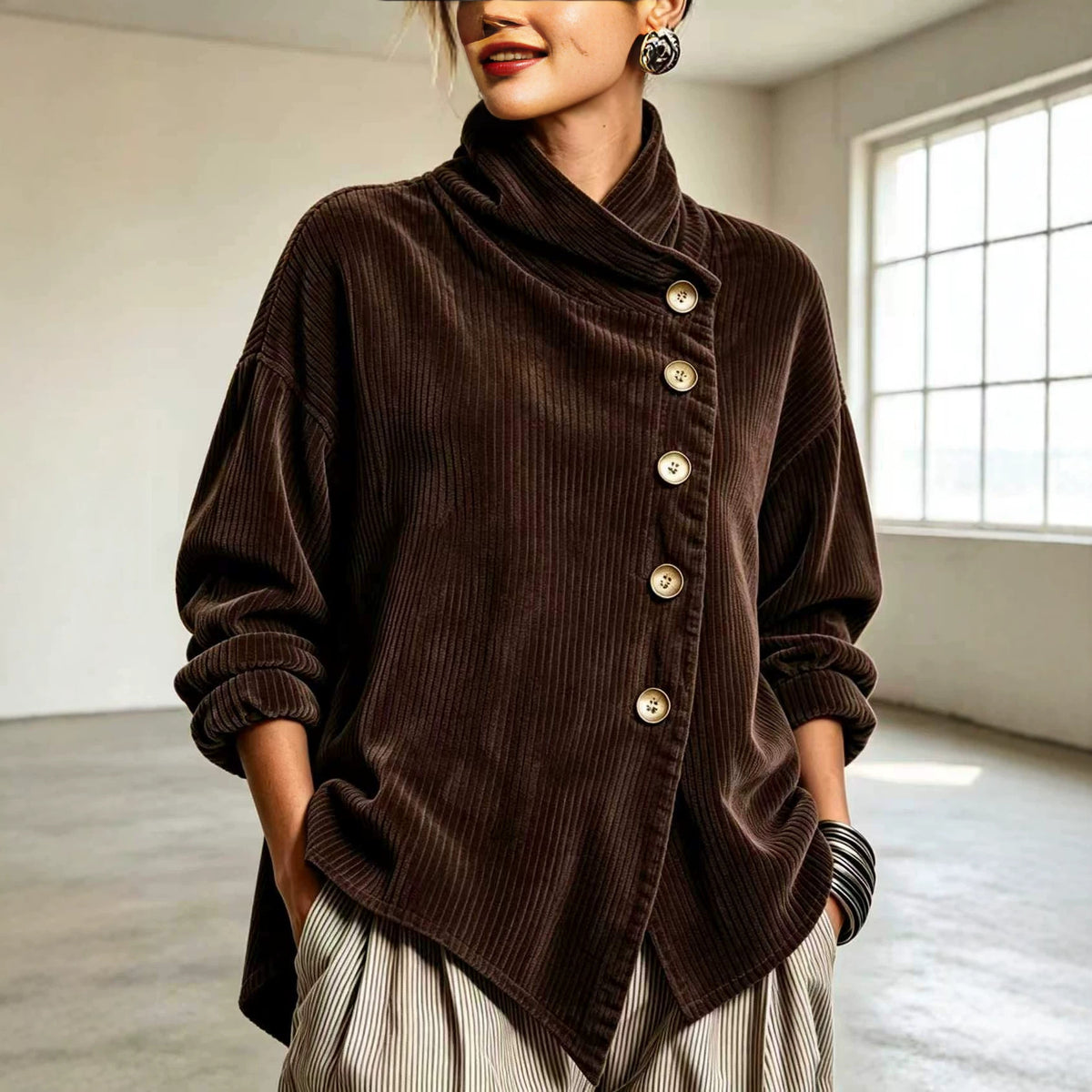 Women's Asymmetrical Off-Shoulder Fleece Lined Woven Jacket