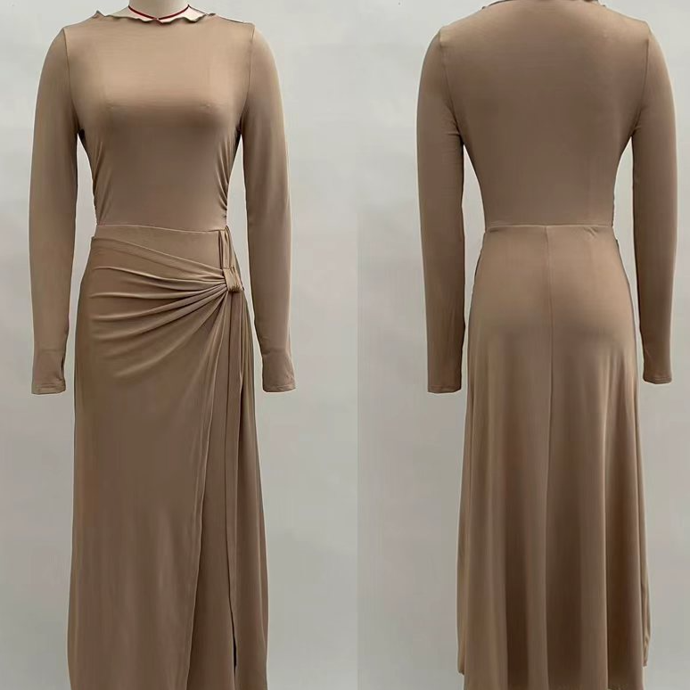 Women's Pure Color Knotted A-Line Long Sleeve Dress