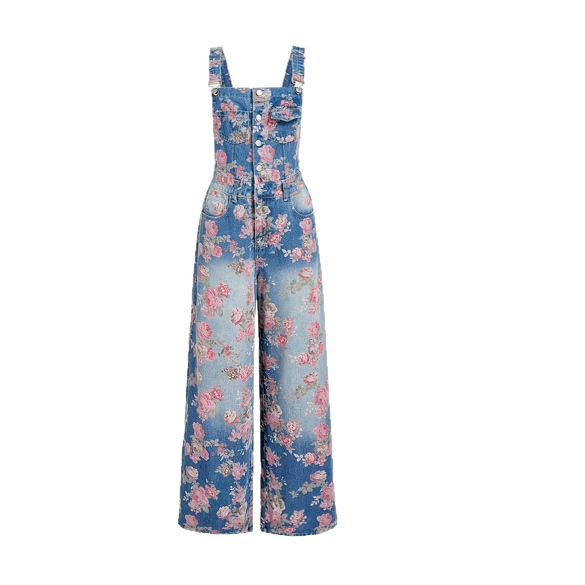Retro floral print denim work pants
