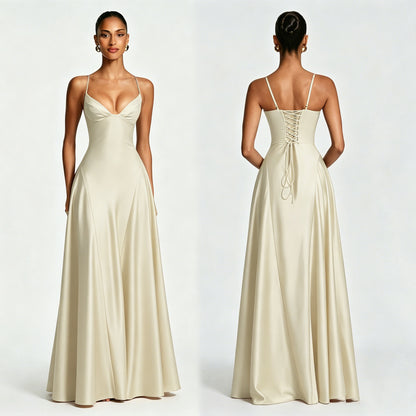 Women's Satin Strapless Deep V-Neck Evening Dress with Waist-Cinching Strap and Flare Skirt