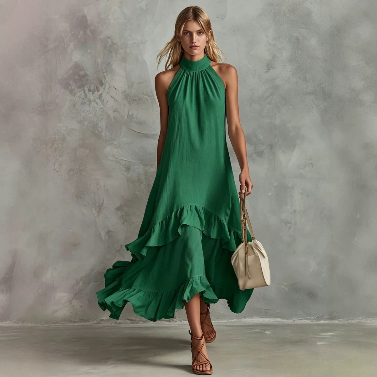 Women's Sleeveless Halter Ruffle Hem Mid-Length Summer Dress
