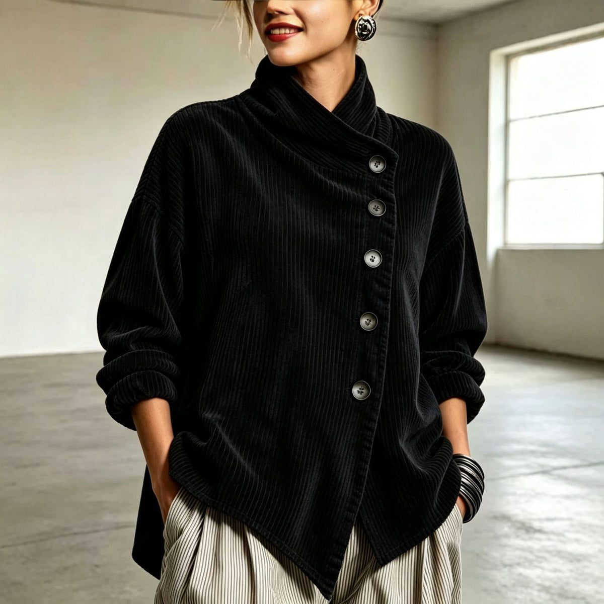 Women's Asymmetrical Off-Shoulder Fleece Lined Woven Jacket