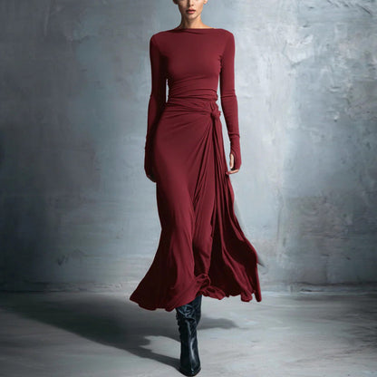Women's Pure Color Knotted A-Line Long Sleeve Dress