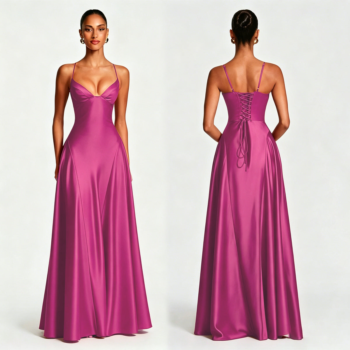 Women's Satin Strapless Deep V-Neck Evening Dress with Waist-Cinching Strap and Flare Skirt