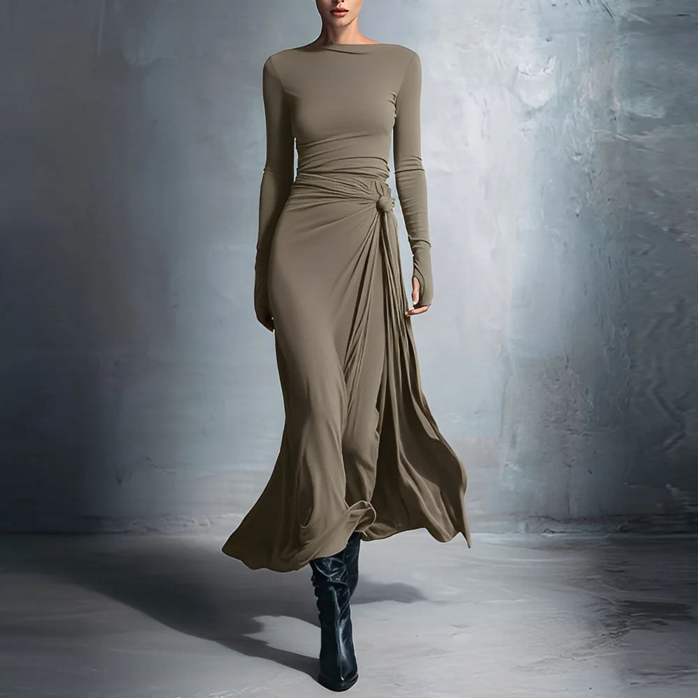 Women's Pure Color Knotted A-Line Long Sleeve Dress