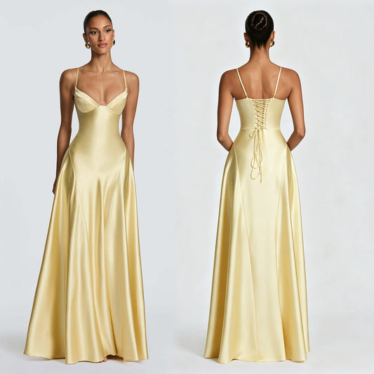 Women's Satin Strapless Deep V-Neck Evening Dress with Waist-Cinching Strap and Flare Skirt