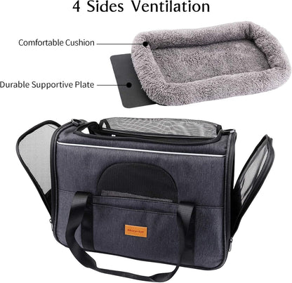 Cozy Pet Travel Tote for Cats & Small Dogs – Lightweight Foldable Pet Travel Crate with Comfortable Cushion, Carry Handle, Travel Dish & Flight-Ready Design