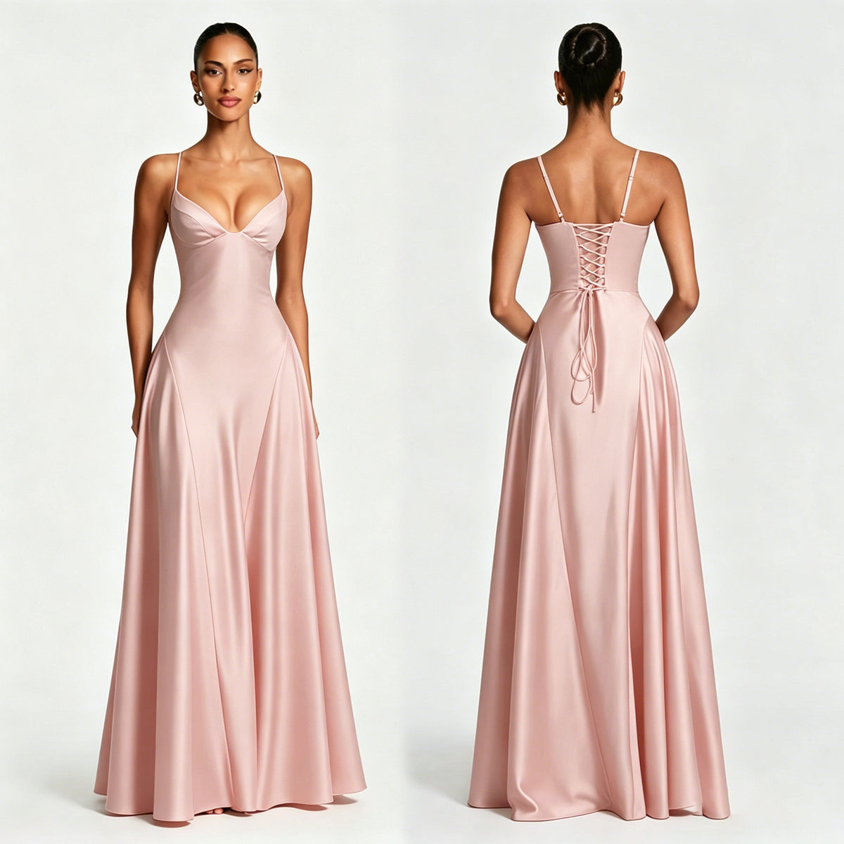 Women's Satin Strapless Deep V-Neck Evening Dress with Waist-Cinching Strap and Flare Skirt