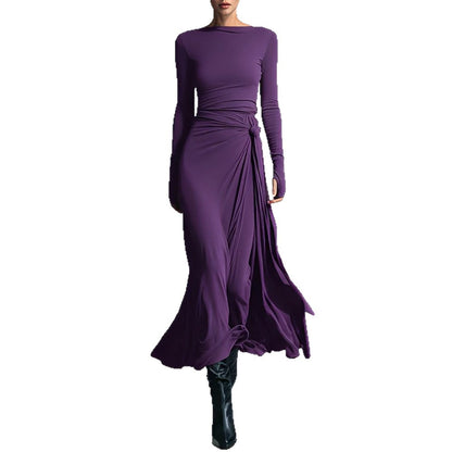 Women's Pure Color Knotted A-Line Long Sleeve Dress