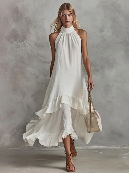 Women's Sleeveless Halter Ruffle Hem Mid-Length Summer Dress