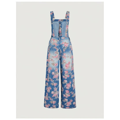 Retro floral print denim work pants