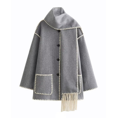 Women's Solid Color Scarf Collar Patchwork Loose Woolen Coat