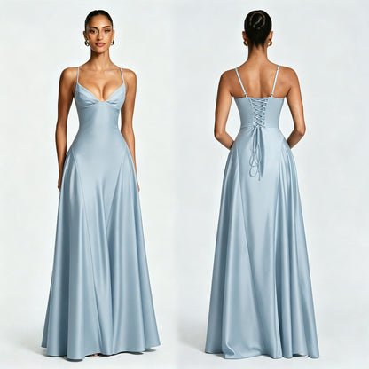 Women's Satin Strapless Deep V-Neck Evening Dress with Waist-Cinching Strap and Flare Skirt