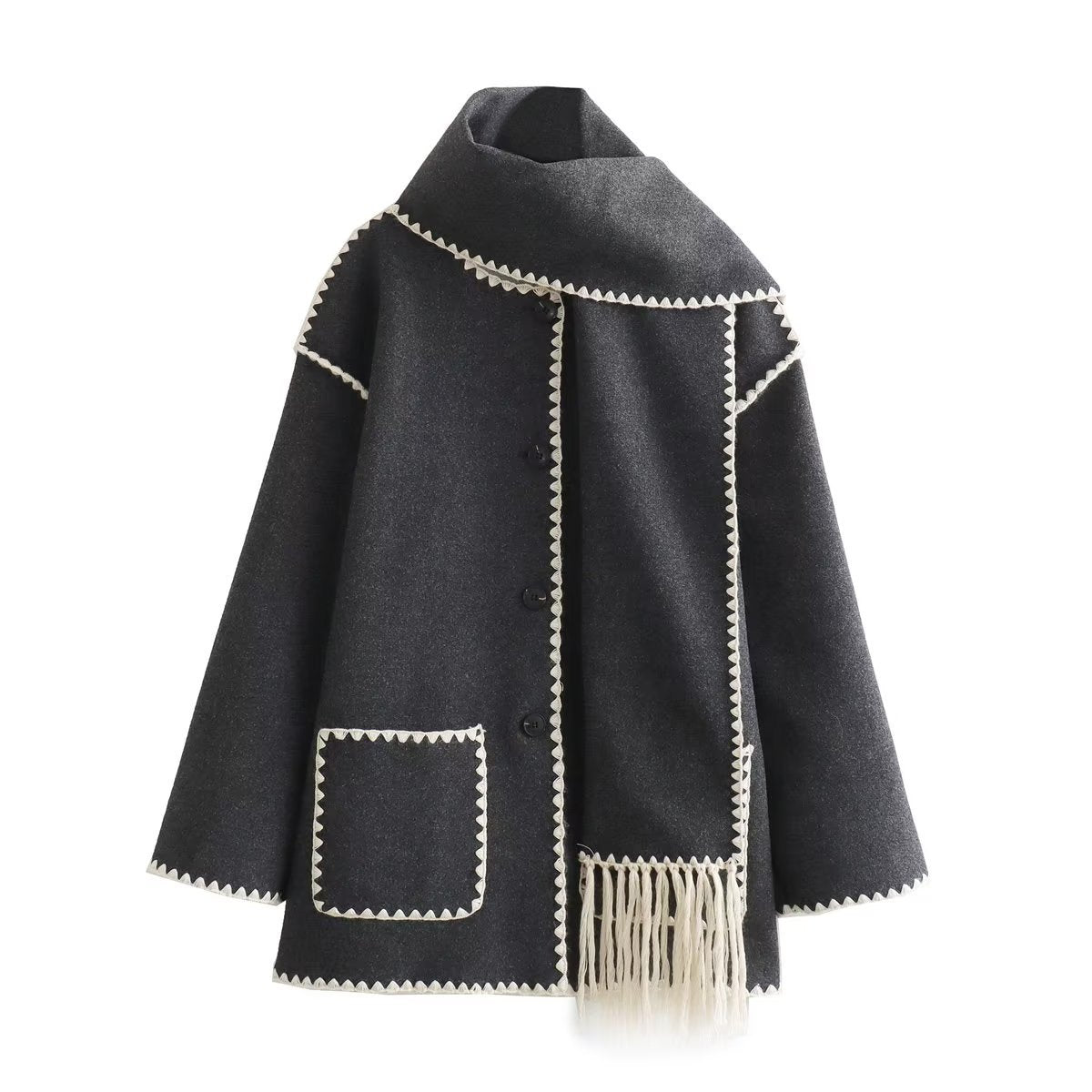 Women's Solid Color Scarf Collar Patchwork Loose Woolen Coat