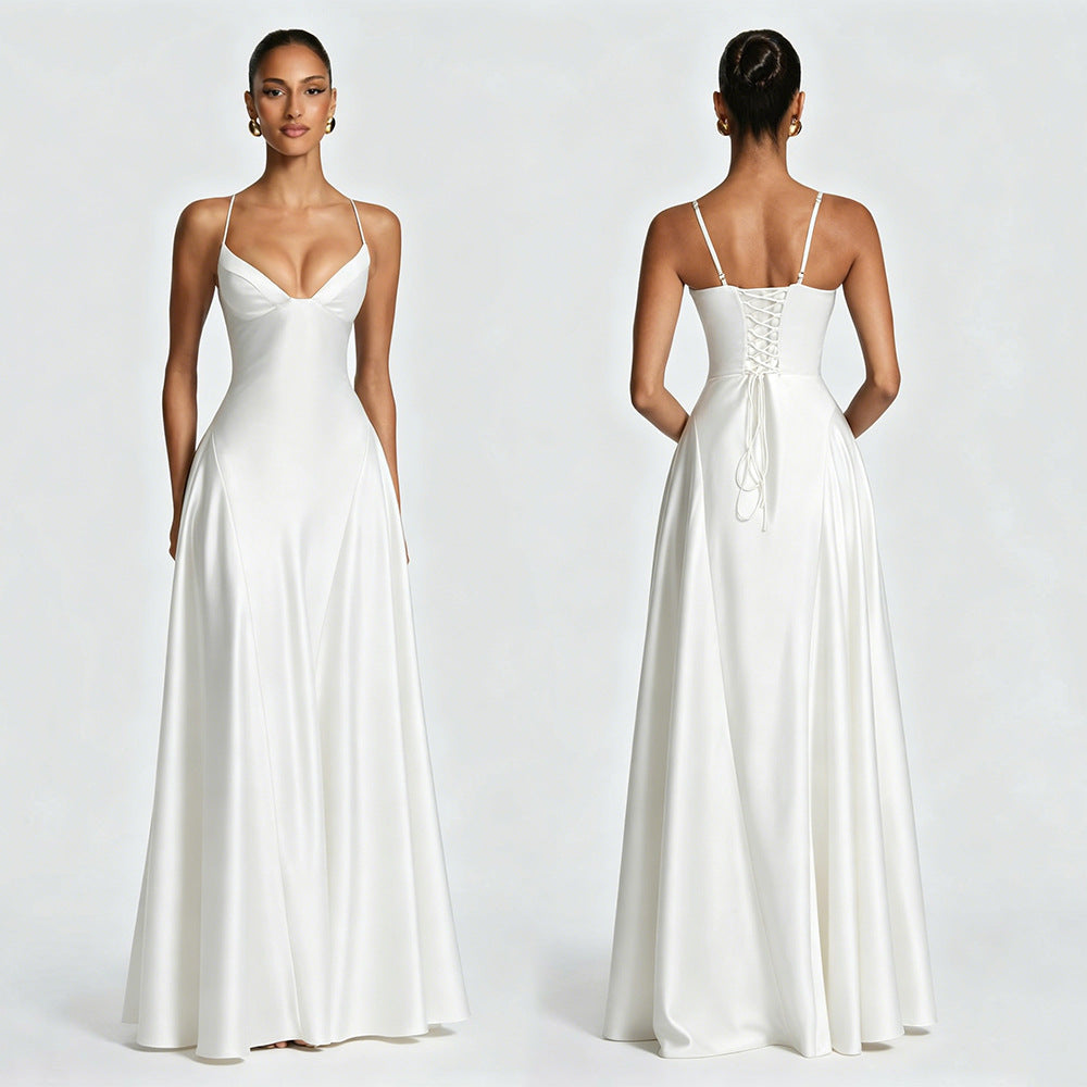 Women's Satin Strapless Deep V-Neck Evening Dress with Waist-Cinching Strap and Flare Skirt