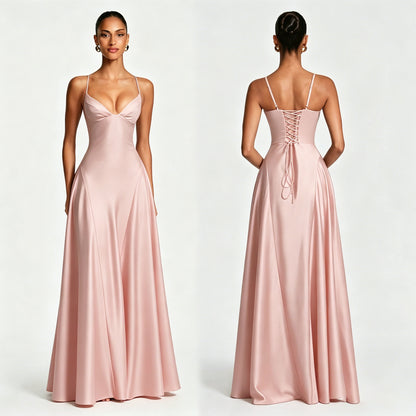 Women's Satin Strapless Deep V-Neck Evening Dress with Waist-Cinching Strap and Flare Skirt