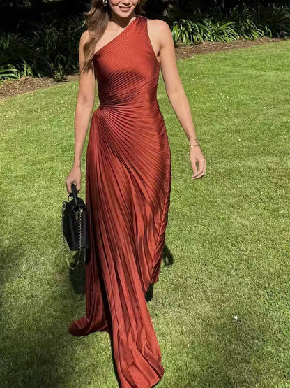 Women's Satin Halter Neck High-Waisted Pleated Long Dress