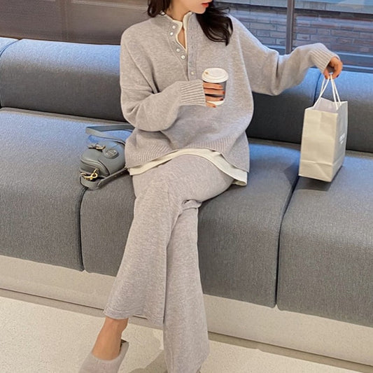 Long Sleeve Pullover Top and Wide-Leg Pants, Striped Casual Suit