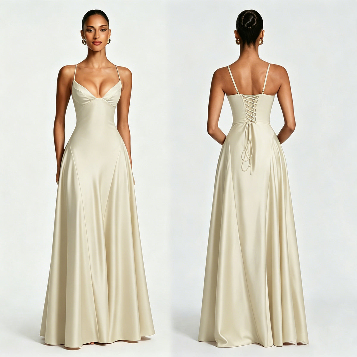 Women's Satin Strapless Deep V-Neck Evening Dress with Waist-Cinching Strap and Flare Skirt