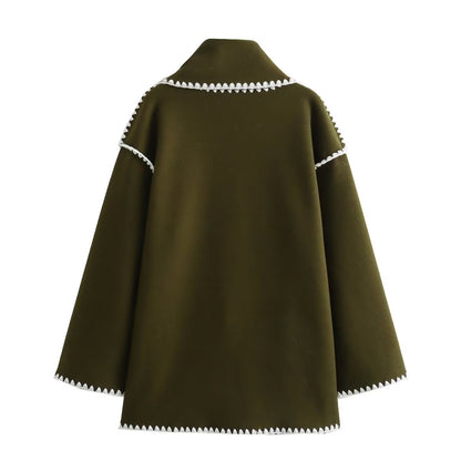 Women's Solid Color Scarf Collar Patchwork Loose Woolen Coat