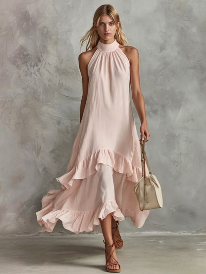 Women's Sleeveless Halter Ruffle Hem Mid-Length Summer Dress