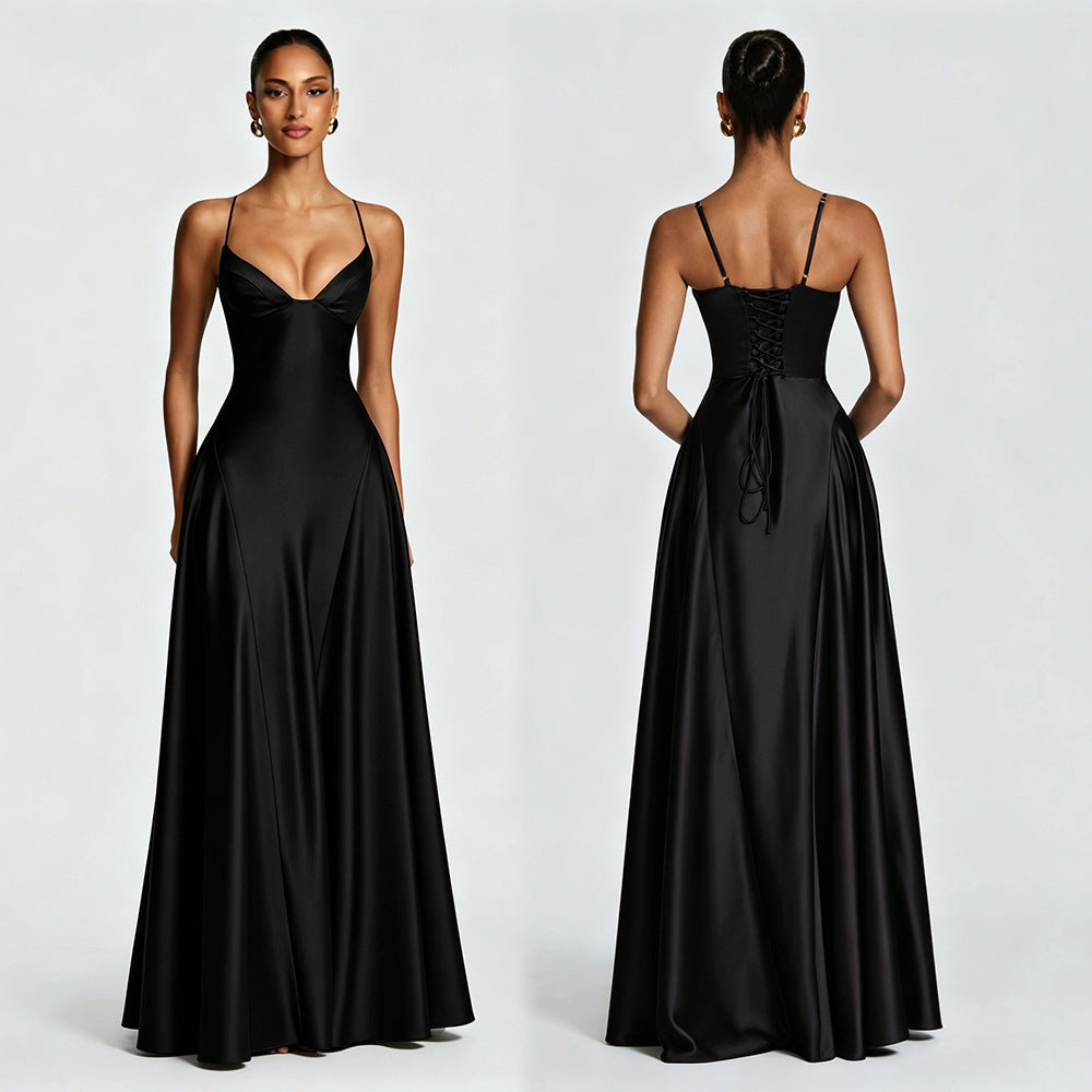 Women's Satin Strapless Deep V-Neck Evening Dress with Waist-Cinching Strap and Flare Skirt