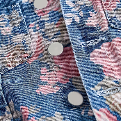 Retro floral print denim work pants
