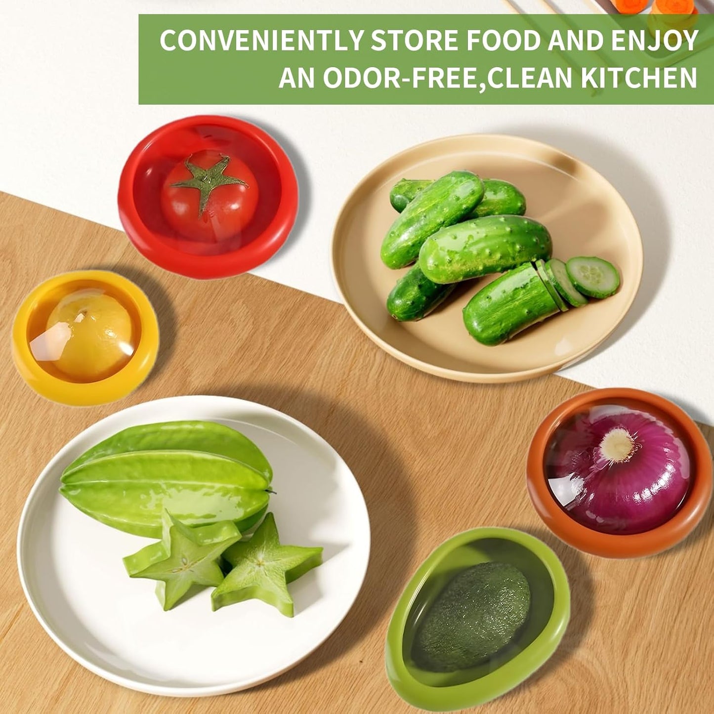 Silicone Fruit and Vegetable Storage Container Set - 4 Reusable Produce Savers for Refrigerator, Avocado Keeper, Onion, Tomato, and Lemon Holder, -Free Food Storage Lids